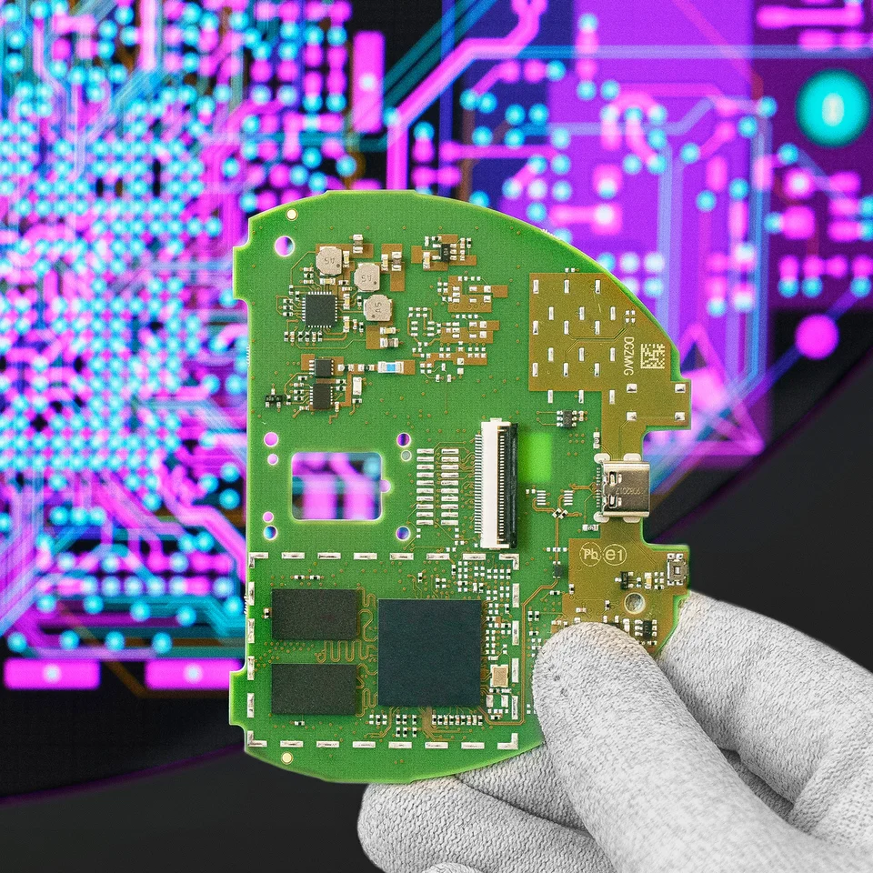 Cicor engineer holding a PCB in front of a screen displaying the PCB design