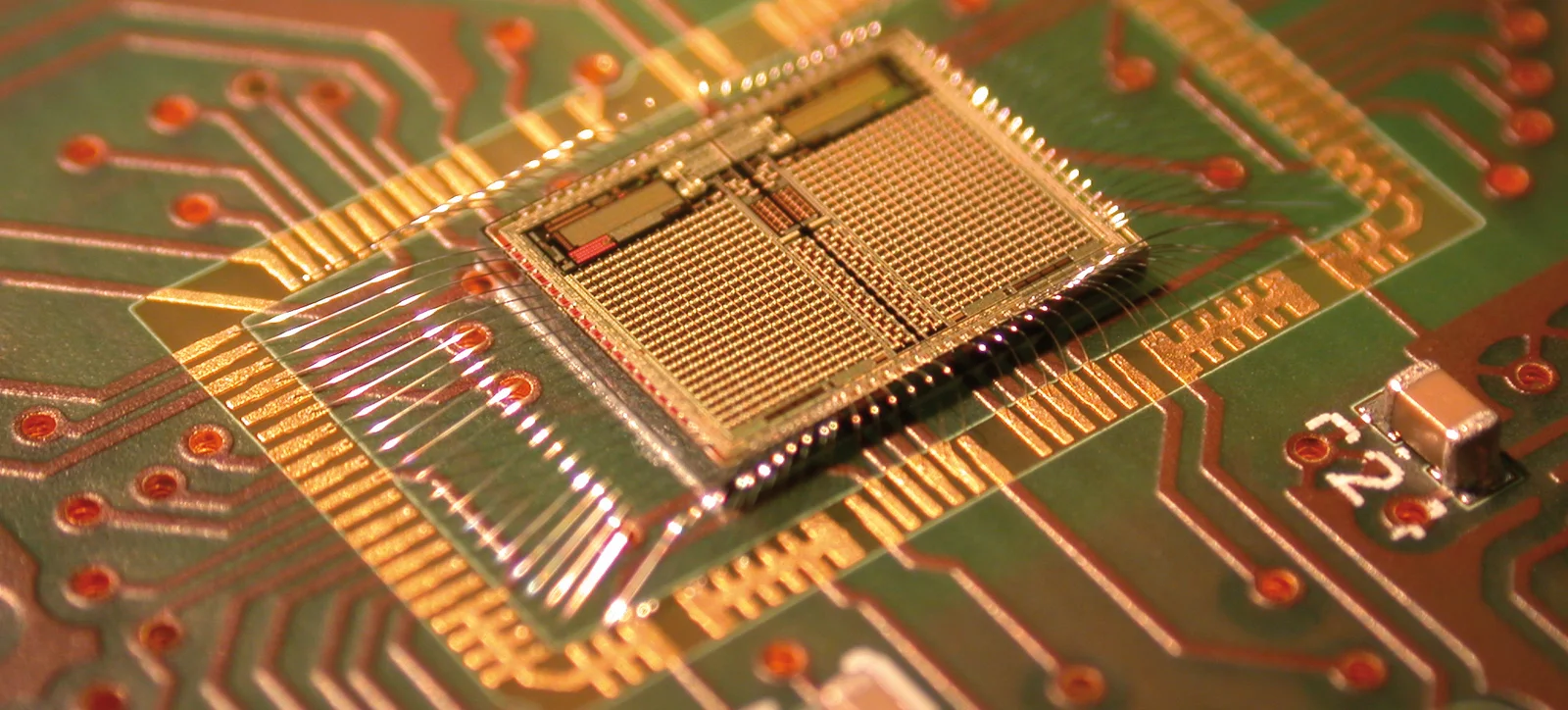 Close-up of bonded bare die (microelectronic assembly)
