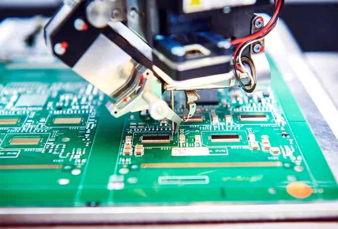 Close-up of wire bonding, part of Cicor's microelectronics assembly services